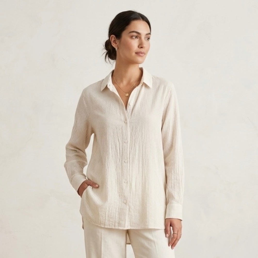 Eileen Fisher Womens Medium Organic Linen Striped Button Down Shirt Cream Beige